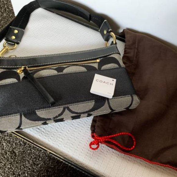 NWT Black/White Signature Fabric Stripe Demi Shoulder Bag Coach #10120 - Picture 1 of 6